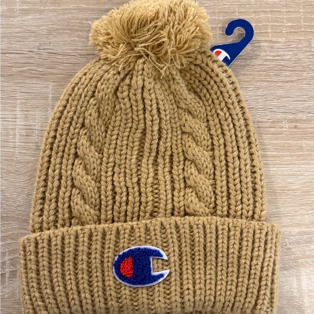 Champion Caramel Knit Pom Beanie with Logo Patch